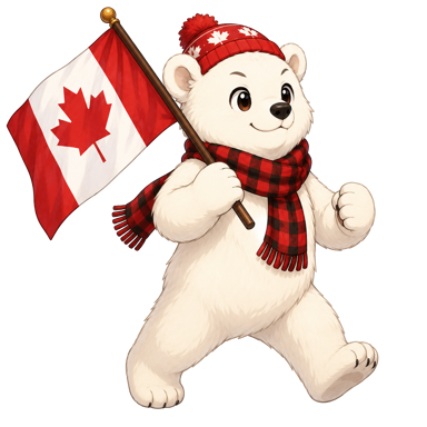 Poli the polar bear setting off on a trip with a Canadian flag